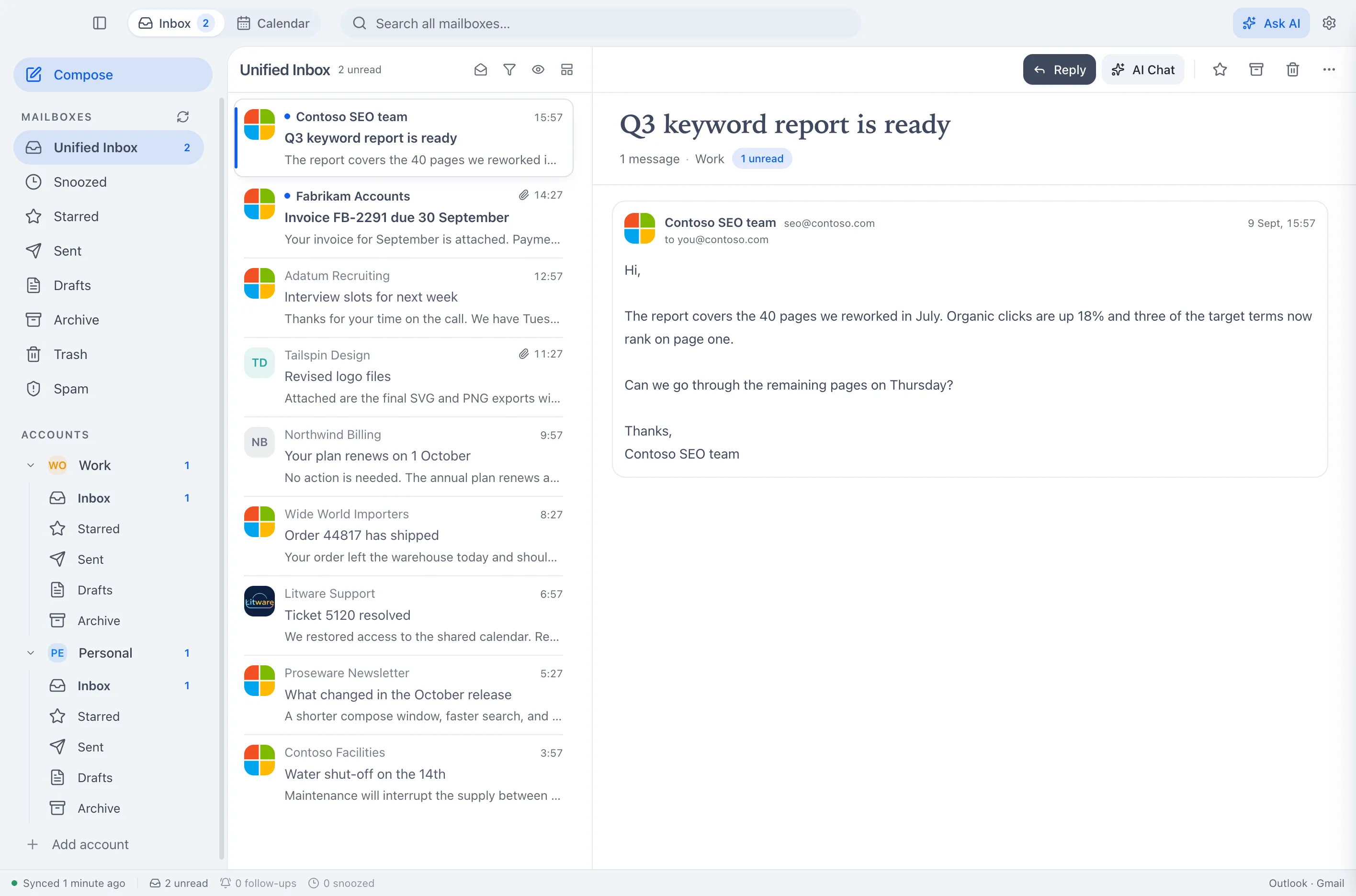 The Feather inbox: two accounts in one sidebar, their mail in one list, and an open message.